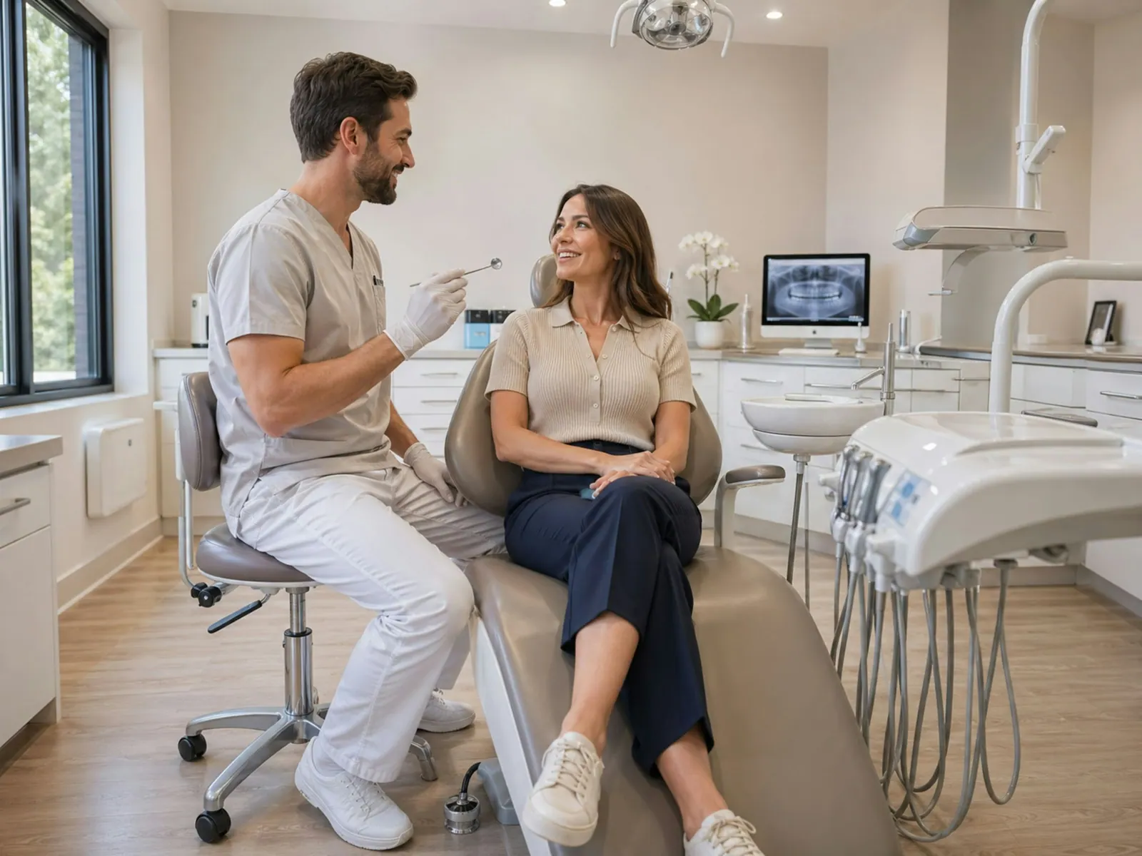 Dentista conversando com a paciente antes do atendimento