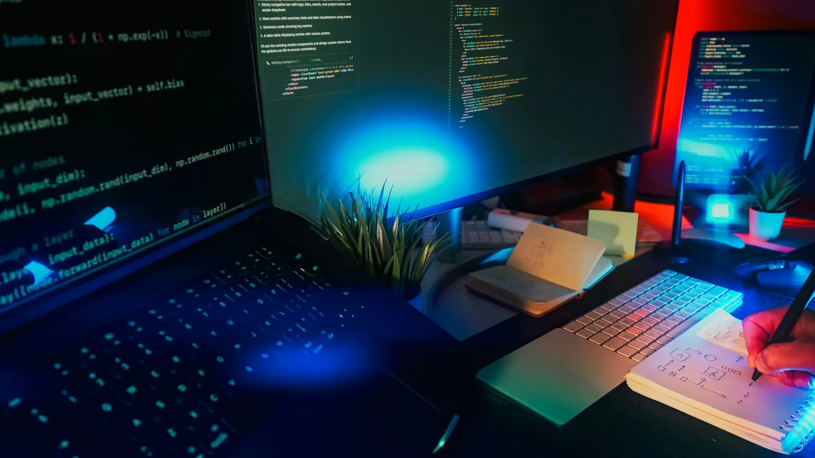 Mesa de trabalho com monitores e luz neon azul e vermelha