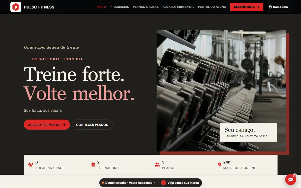 Site público do sistema de academia com a marca fictícia Pulso Fitness