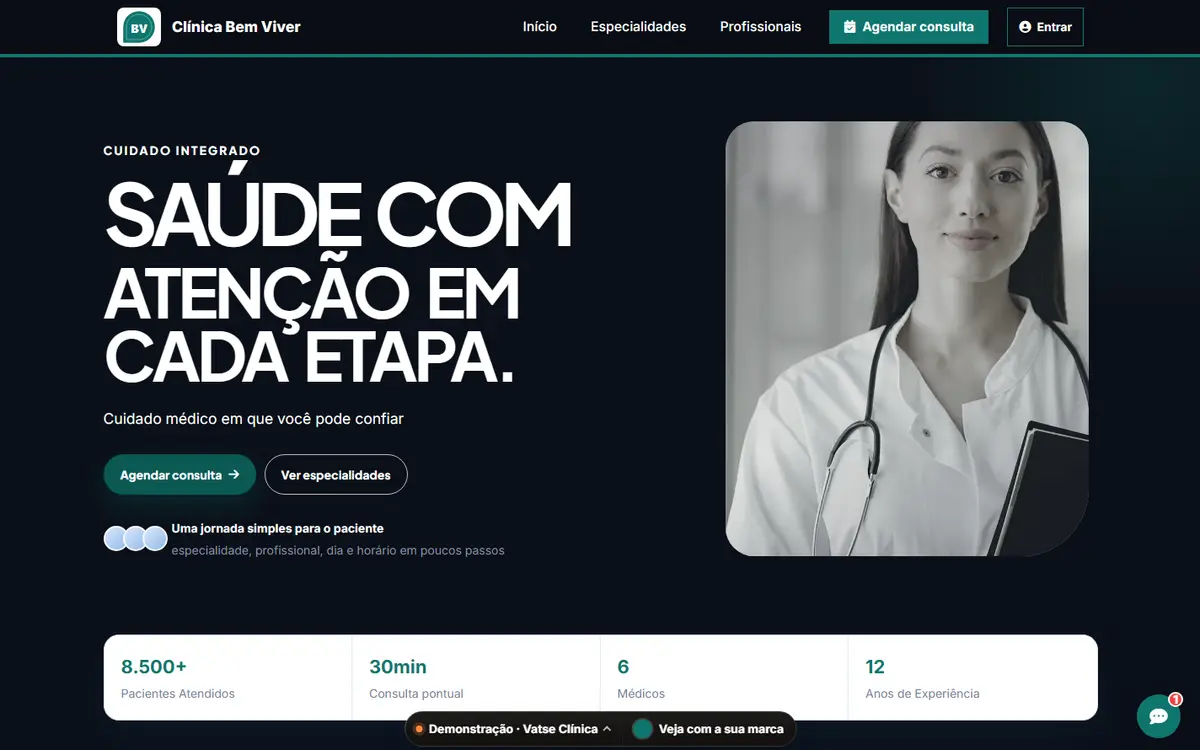 Site público do sistema de clínica com a marca fictícia Clínica Bem Viver