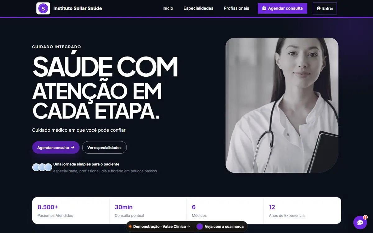 Site público do sistema de clínica com a marca fictícia Instituto Sollar Saúde