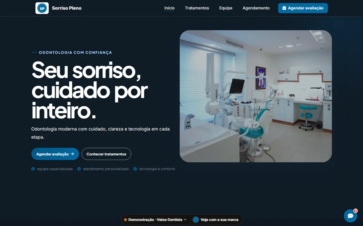 Site público do sistema de dentista com a marca fictícia Sorriso Pleno