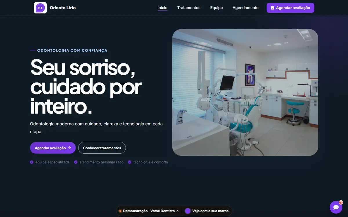 Site público do sistema de dentista com a marca fictícia Odonto Lírio