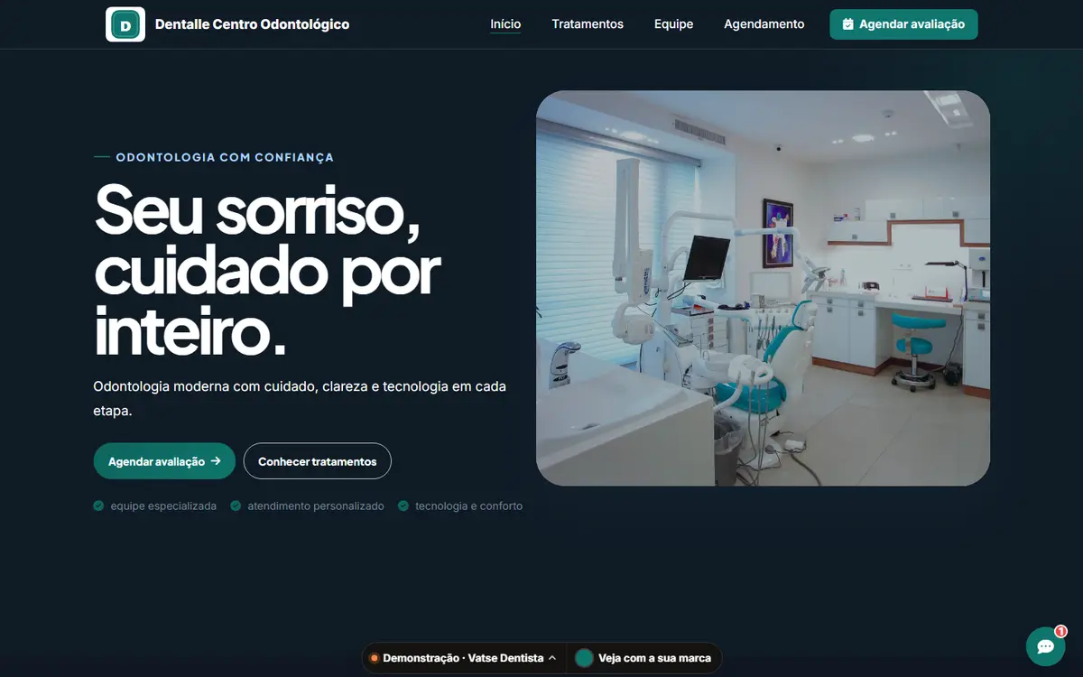 Site público do sistema de dentista com a marca fictícia Dentalle Centro Odontológico