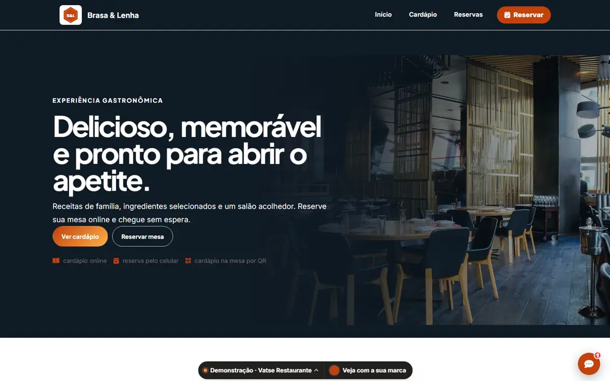 Site público do sistema de restaurante com a marca fictícia Brasa & Lenha
