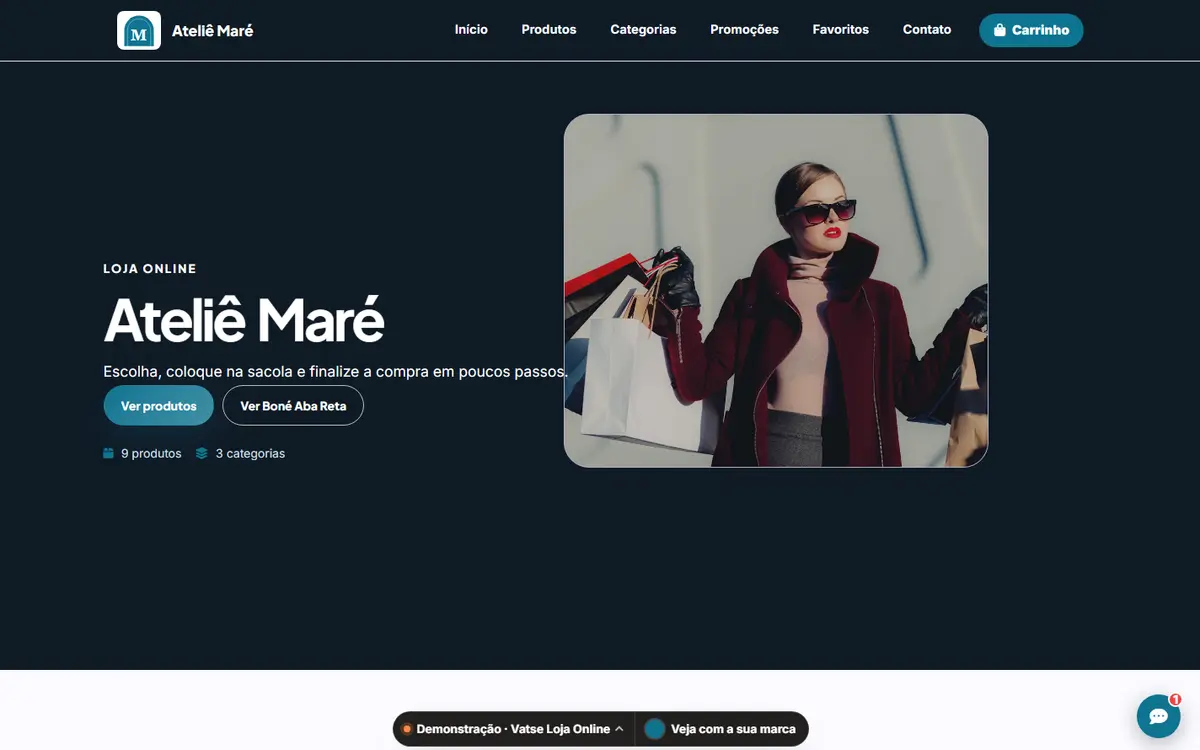 Site público do sistema de loja com a marca fictícia Ateliê Maré