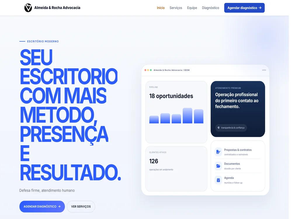Home do site público do escritório, com o painel de operação em destaque