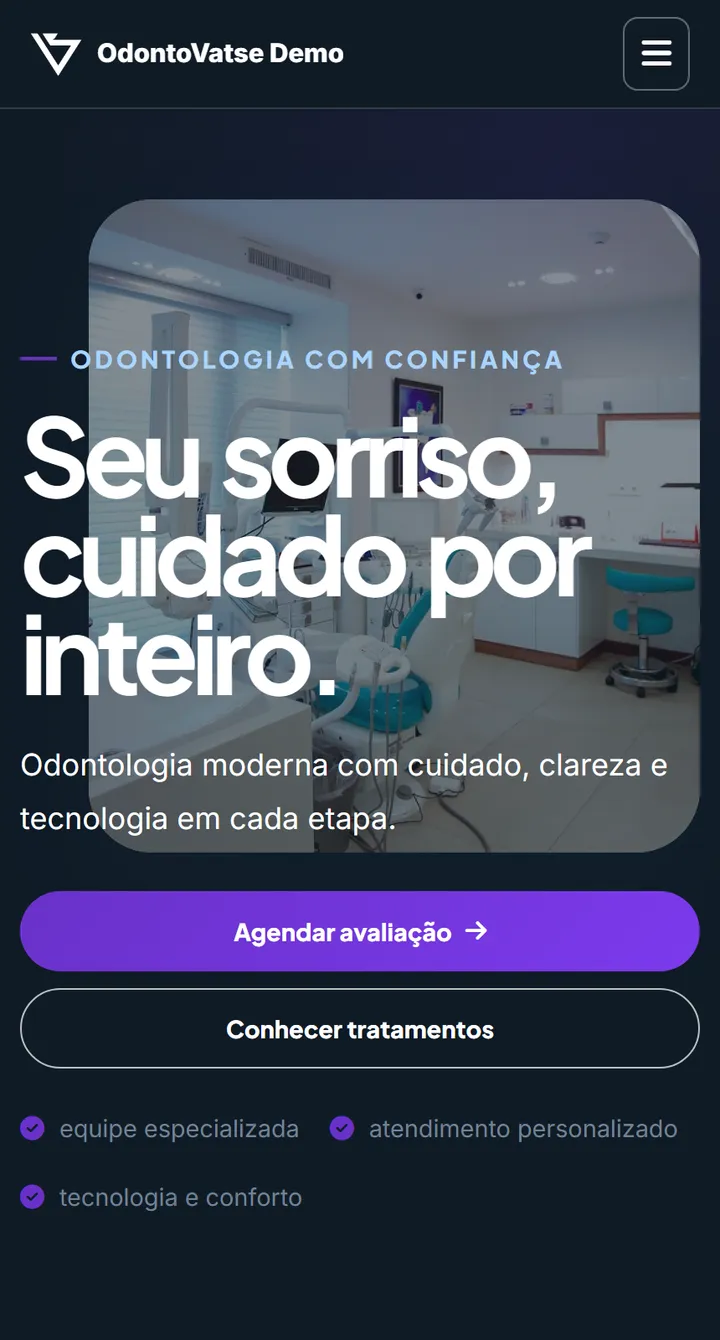 Site público do Vatse Dentista no celular