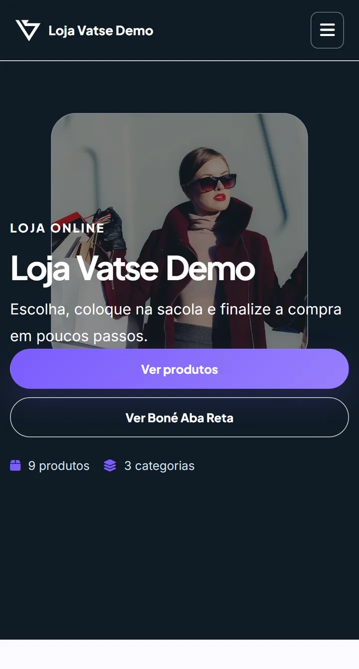 Site público do Vatse Loja Online no celular