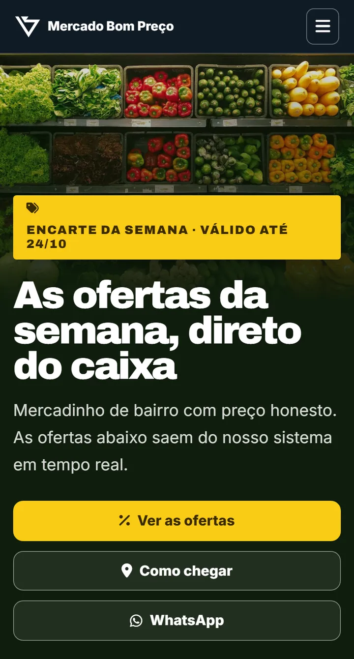 Site público do Vatse Mercado no celular