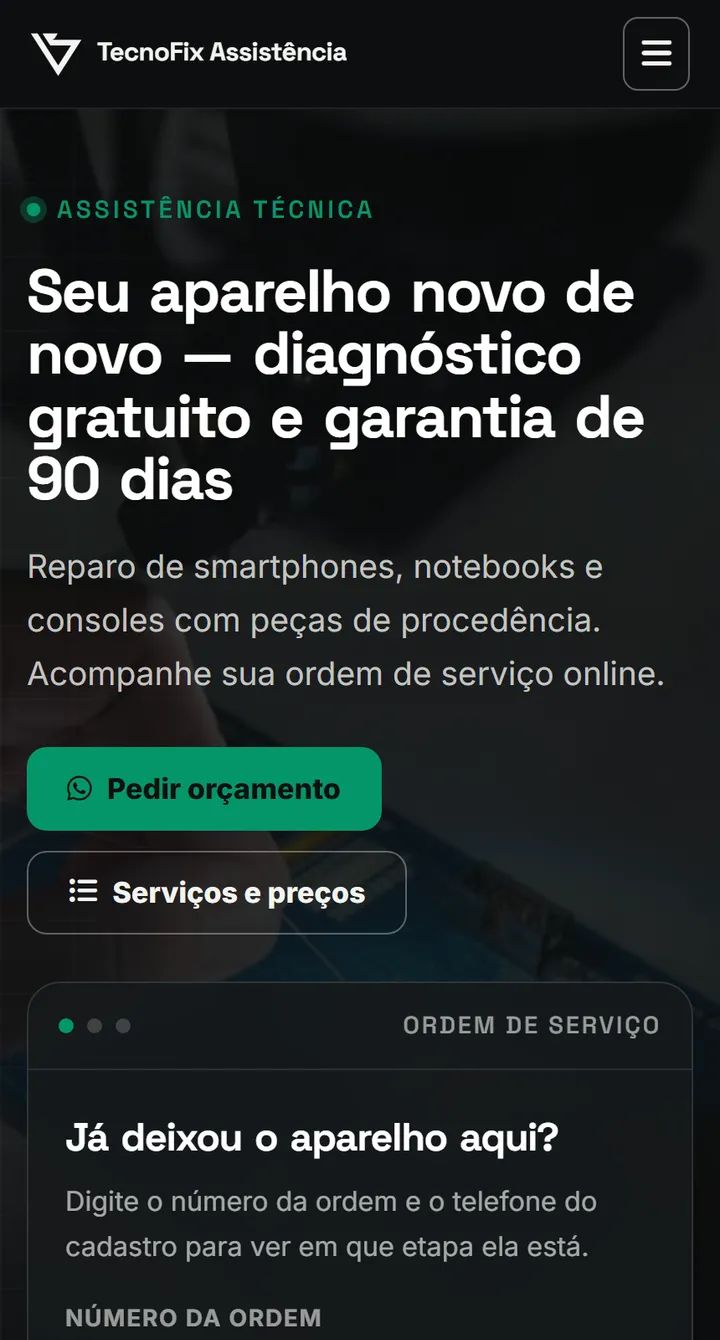 Site público do Vatse Serviços no celular