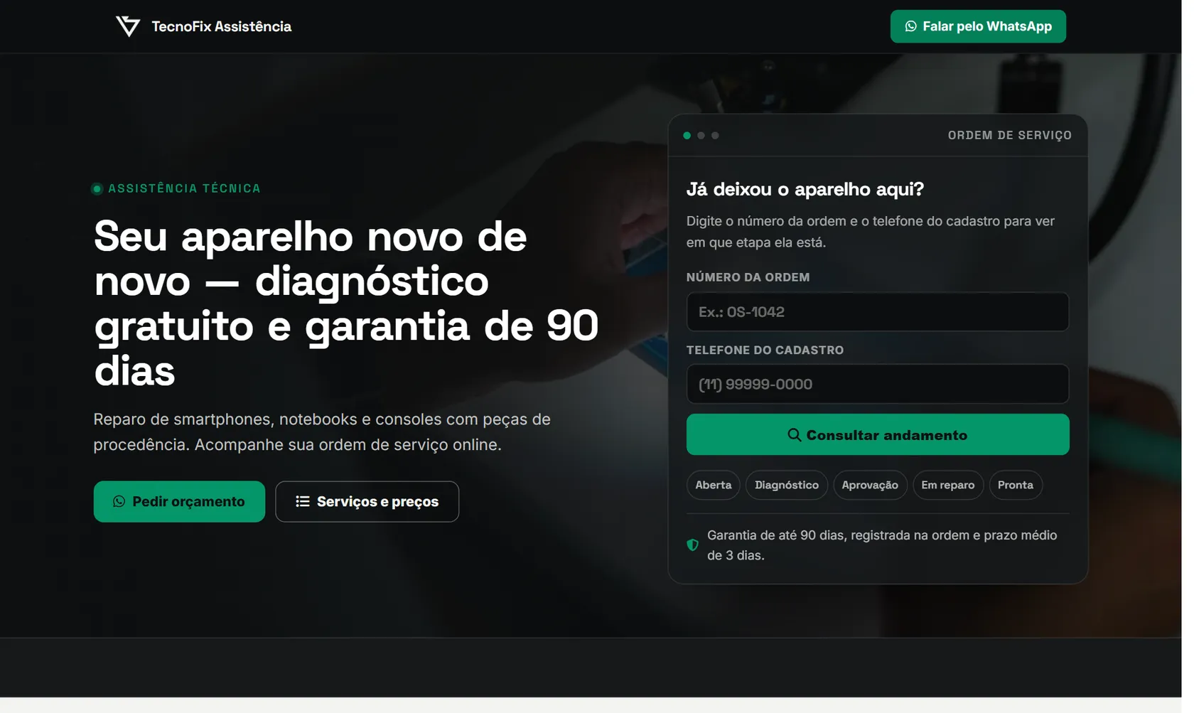 Site público do Vatse Serviços no computador